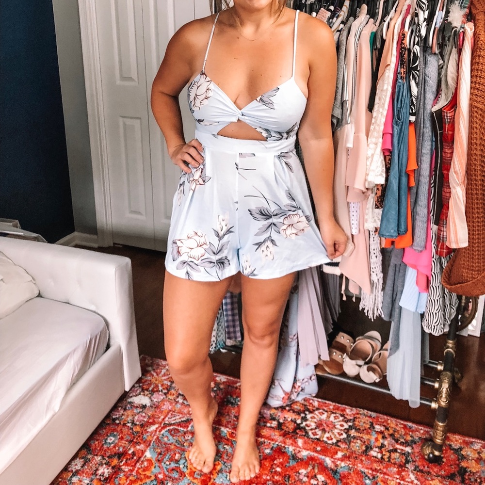 Blue Floral Print Key Hole Front Romper